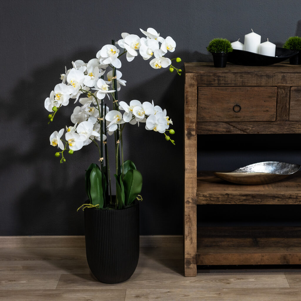 XL Orchidee Kunstpflanze mit Topf schwarz weie Blte